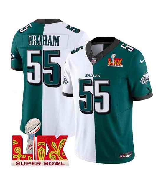 Men's Philadelphia Eagles #55 Brandon Graham White/Green Split 2025 Super Bowl LIX Patch F.U.S.E. Vapor Untouchable Limited Stitched Football Jersey